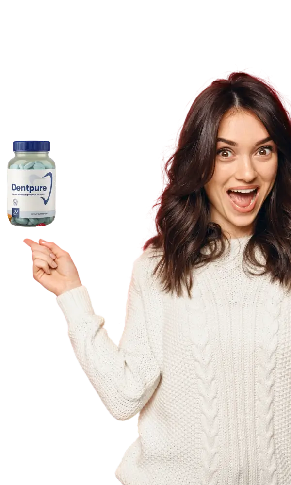 Smiling woman pointing at Dentpure bottle – trusted oral probiotic supplement in the USA market
